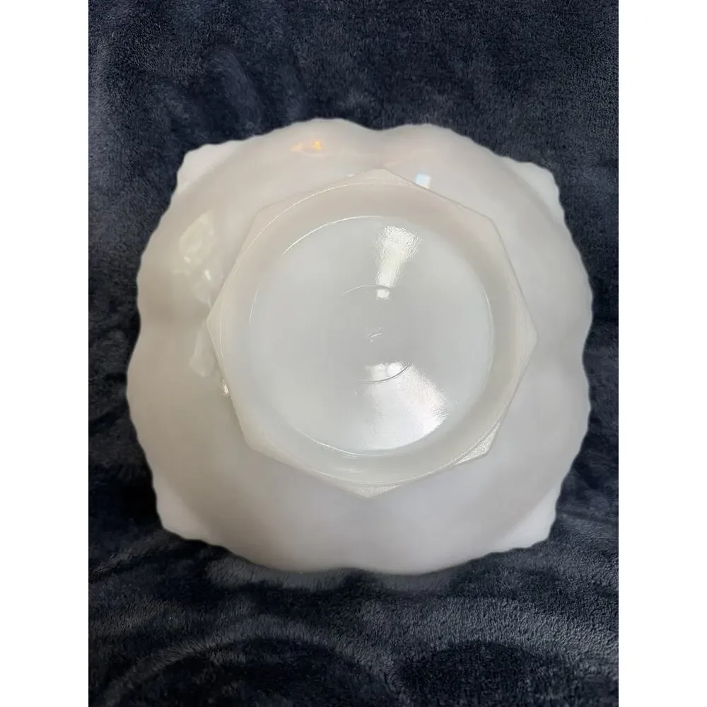 Vintage Anchor Hocking Milk Glass Grape Footed Serving Bowl 10” scalloped edge